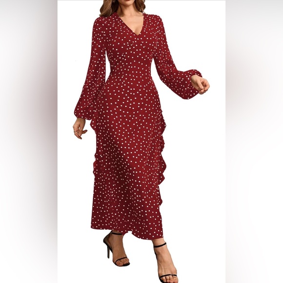 Elegant Red Polka Dot Dress. Armpit 19 inches - Picture 2 of 4